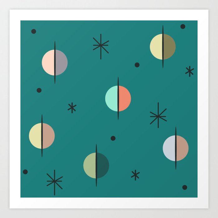 Mid Century Modern Abstract Spheres and Stars Turquoise Colorful Art Print