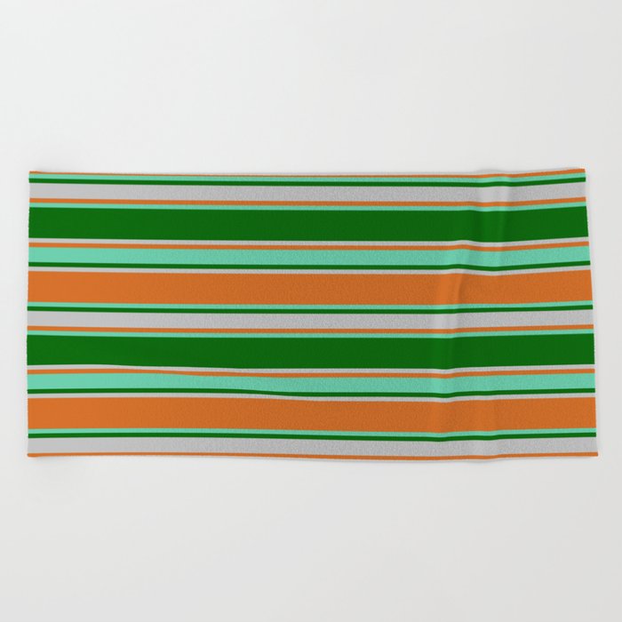 Chocolate, Aquamarine, Dark Green, and Grey Colored Lines Pattern Beach Towel