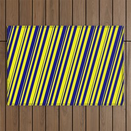 [ Thumbnail: Yellow and Dark Blue Colored Striped Pattern Outdoor Rug ]