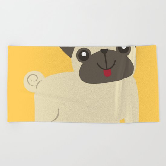 Happy Pug on Mustard Beach Towel