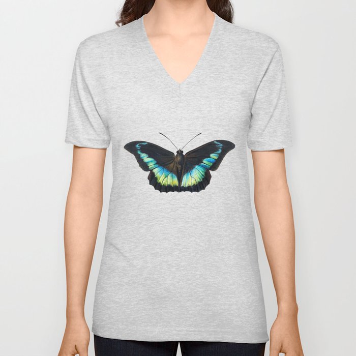 Blue Butterfly V Neck T Shirt