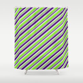 [ Thumbnail: Dark Grey, Indigo, Light Grey, and Green Colored Lines Pattern Shower Curtain ]
