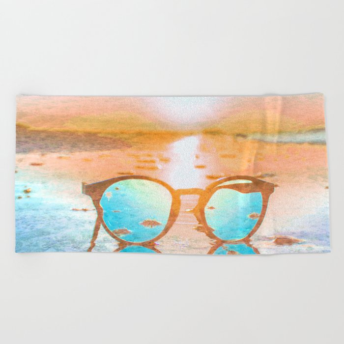 sunset glasses orange and blue impressionism painted realistic still life Beach Towel