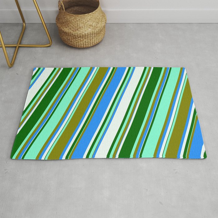 Aquamarine, Green, Blue, Mint Cream, and Dark Green Colored Lined/Striped Pattern Rug