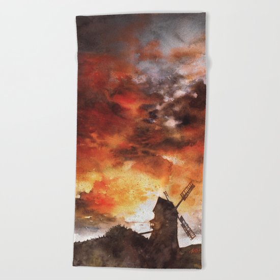 Windmill and the Sunset Sky Beach Towel