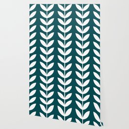 Teal Blue and White Scandinavian leaves pattern Wallpaper