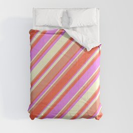 [ Thumbnail: Dark Salmon, Red, Violet, and Light Yellow Colored Lined/Striped Pattern Comforter ]