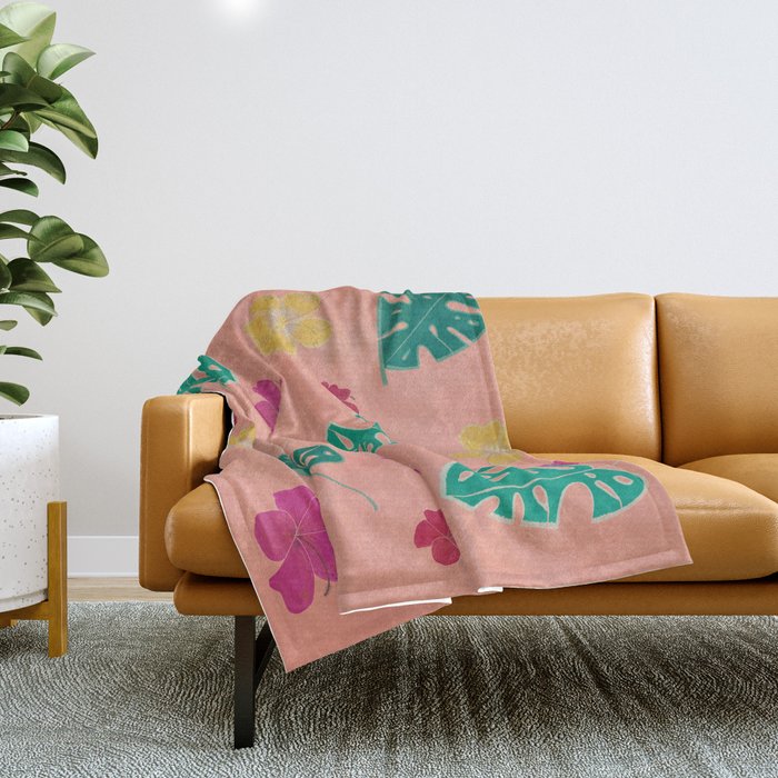 Hibiscus, tropical leaves Throw Blanket