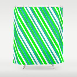 [ Thumbnail: Lime, Light Sea Green & White Colored Striped/Lined Pattern Shower Curtain ]