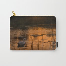 Swan in lake at golden golden sunset Carry-All Pouch | Evening, Lake, Orange, Photo, Goldenglow, Color, Sunset, Reed, Swan, Goldensunlight 