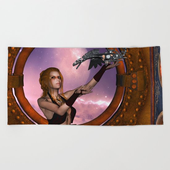 Wonderful steampunk lady with steam dragon Beach Towel