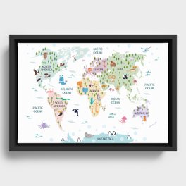 Nursery Animal World Map in Pastels Framed Canvas