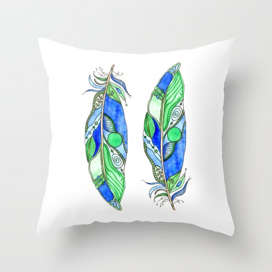 Bohemian Spirit Feathers - Blue & Green Throw Pillow
