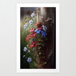Spring Flowers growing on a Fence Post Art Print