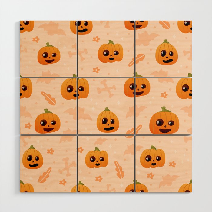 Cute Pumpkin Face Seamless Pattern on Light Background with Bats and Bones, Halloween Ornate Wood Wall Art