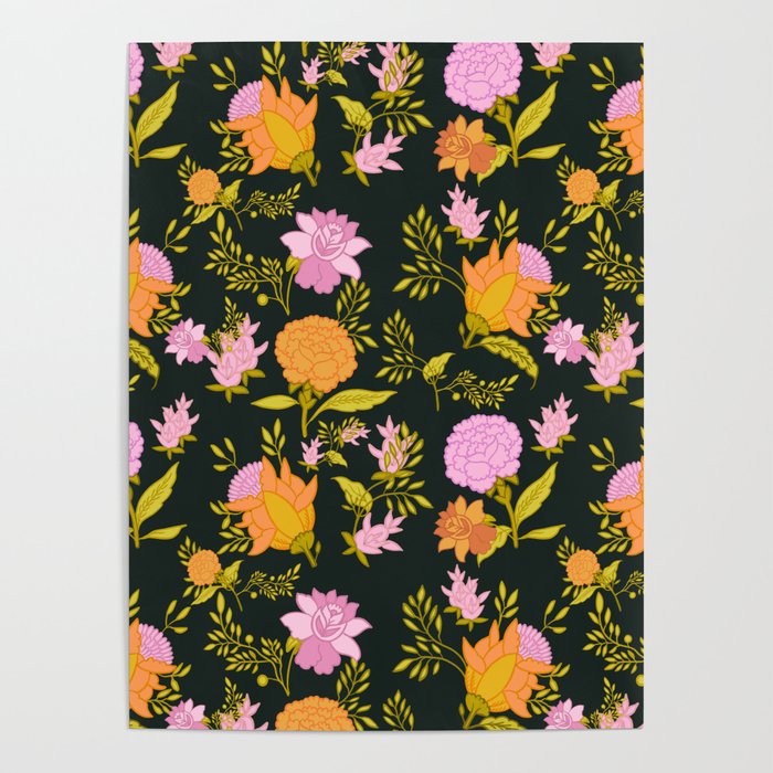 Abuela’s Sheets - Floral Pattern no 3 - pink and forest green Poster