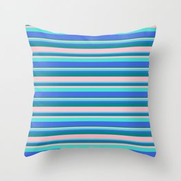 [ Thumbnail: Turquoise, Royal Blue, Dark Cyan, and Pink Colored Stripes Pattern Throw Pillow ]