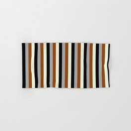 [ Thumbnail: Dark Gray, Brown, Beige, and Black Colored Lines Pattern Hand & Bath Towel ]