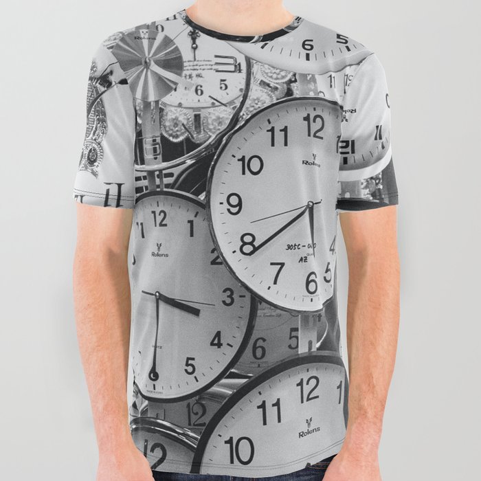 Clocks montage, time variations black and white portrait photograph - photography - photographs All Over Graphic Tee