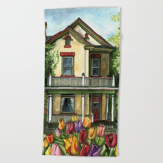 Farmhouse with Spring Tulips Beach Towel