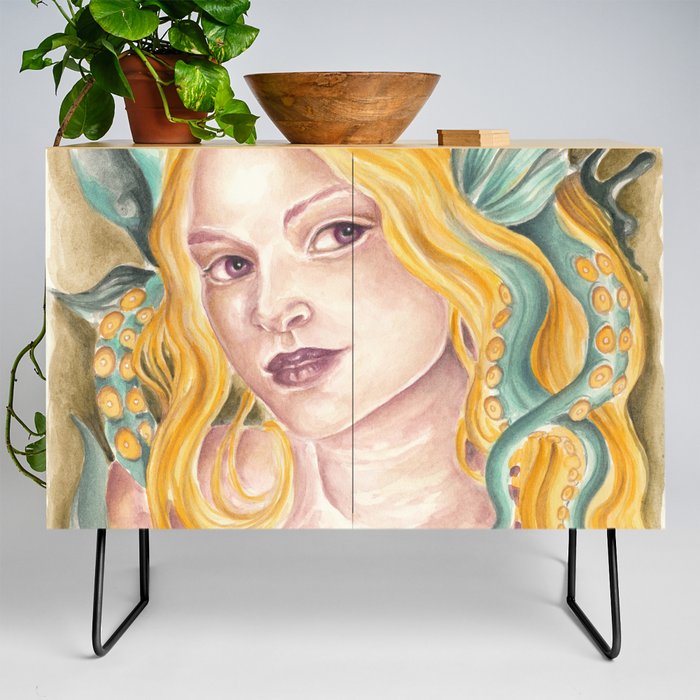 Mermaid Siren Fantasy Magic Watercolor Fine Portrait Credenza