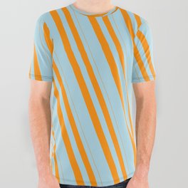 [ Thumbnail: Dark Orange & Light Blue Colored Lined Pattern All Over Graphic Tee ]