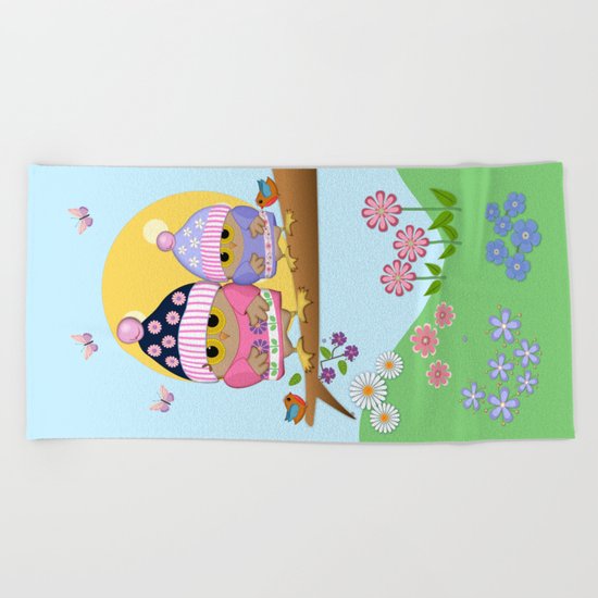 Spring owl in her new dress Beach Towel