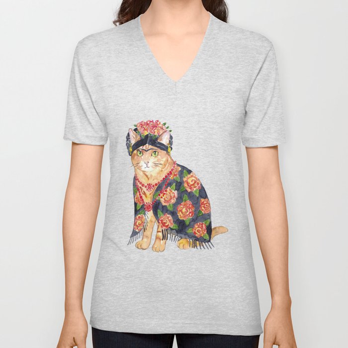 Frida Kahlo cat with flower V Neck T Shirt by GoodFairyArt Society6