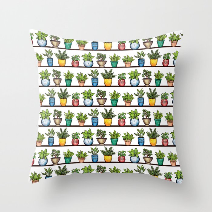 Houseplants Pattern - Colorful Potted Plants On Shelves Throw Pillow