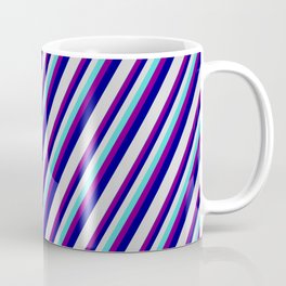 [ Thumbnail: Turquoise, Purple, Blue, and Light Grey Colored Striped/Lined Pattern Coffee Mug ]