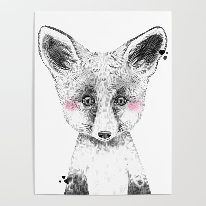 Fox - Black and White Watercolor with blush cheeks Poster