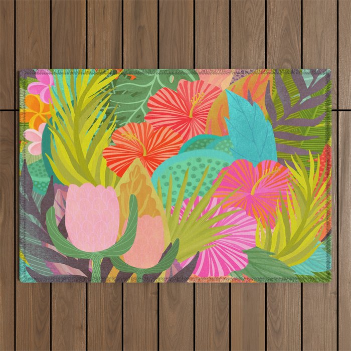 Saturated Tropical Plants and Flowers Outdoor Rug