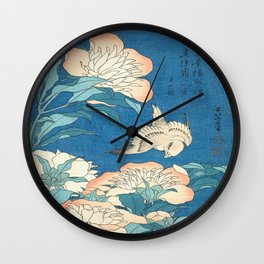 Peonies and Canary by Hokusai : Japanese Flowers Turquoise Peach Wall Clock