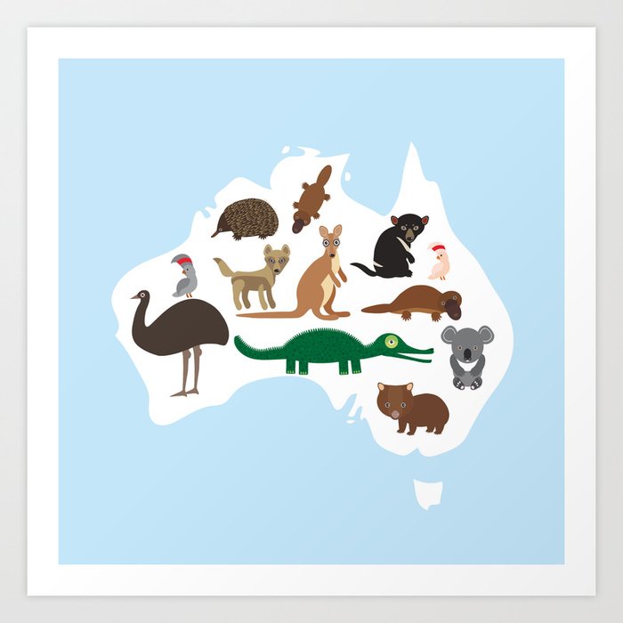 Map Of Australia Echidna Platypus Emu Tasmanian Devil Cockatoo Wombat Crocodile Kangaroo Dingo Art Print By Ekaterinap Society6