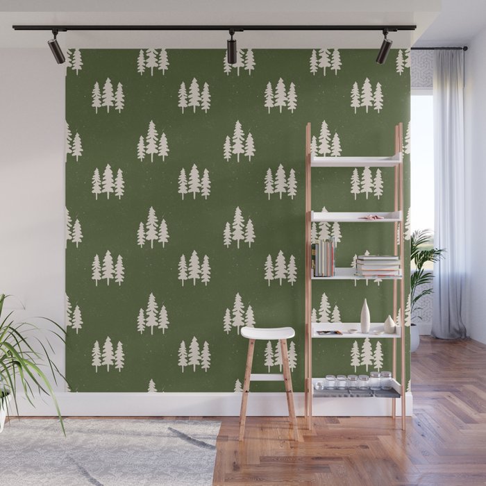 Forest Green Pines Trees Wanderlust Pattern Wall Mural
