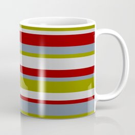 [ Thumbnail: Slate Gray, Green, Grey & Dark Red Colored Pattern of Stripes Coffee Mug ]