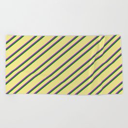 [ Thumbnail: Tan, Dark Orchid & Green Colored Lined/Striped Pattern Beach Towel ]