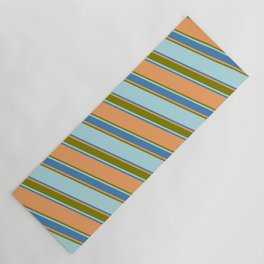 [ Thumbnail: Brown, Green, Powder Blue & Blue Colored Stripes Pattern Yoga Mat ]