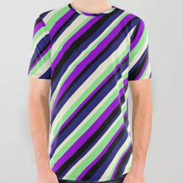 [ Thumbnail: Dark Violet, Black, Midnight Blue, Beige & Light Green Colored Lined Pattern All Over Graphic Tee ]