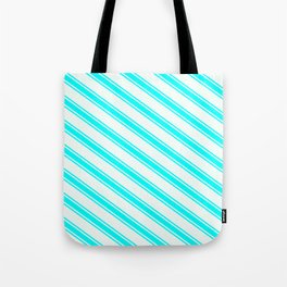 [ Thumbnail: Mint Cream & Aqua Colored Lined/Striped Pattern Tote Bag ]