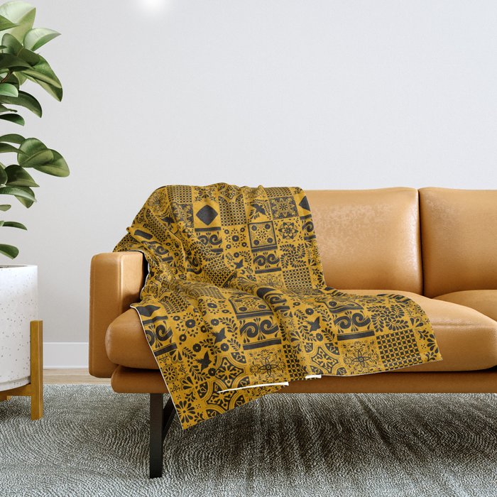 N27 - Anthropologie Bohemian Moroccan Yellow Traditional Artwork Throw Blanket