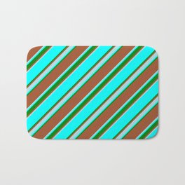 [ Thumbnail: Sienna, Powder Blue, Aqua & Green Colored Stripes Pattern Bath Mat ]