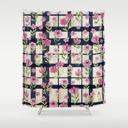 Sweetly Pink & Navy Vintage Plaid Shower Curtain