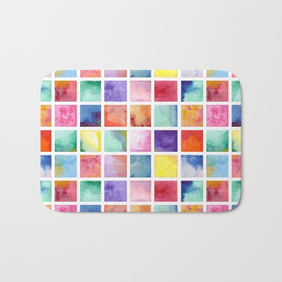 Watercolor . Squares. Geometric pattern . Bath Mat
