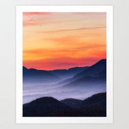 Burning sunset and fog in valley Art Print
