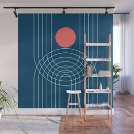 Mid Century Modern Geometric 52 (in night Blue and Coral) Wall Mural