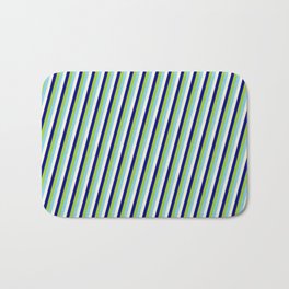 [ Thumbnail: Beige, Blue, Green & Sky Blue Colored Lined/Striped Pattern Bath Mat ]