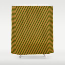 [ Thumbnail: Chocolate and Dark Green Colored Lined Pattern Shower Curtain ]