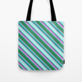 [ Thumbnail: Sea Green, Orchid, Turquoise & Light Sea Green Colored Lined Pattern Tote Bag ]