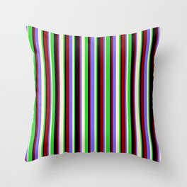 [ Thumbnail: Colorful Lime Green, Beige, Medium Slate Blue, Dark Red & Black Colored Stripes Pattern Throw Pillow ]